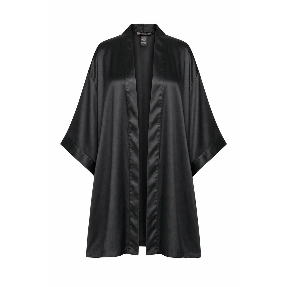 Victoria's Secret Black Satin Robe Kimono Short Wrap M/L Wedding Boudoir